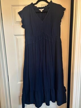 Time and Tru Navy Blue Girls' V-Neck Cotton Dress with Ruffle Hem